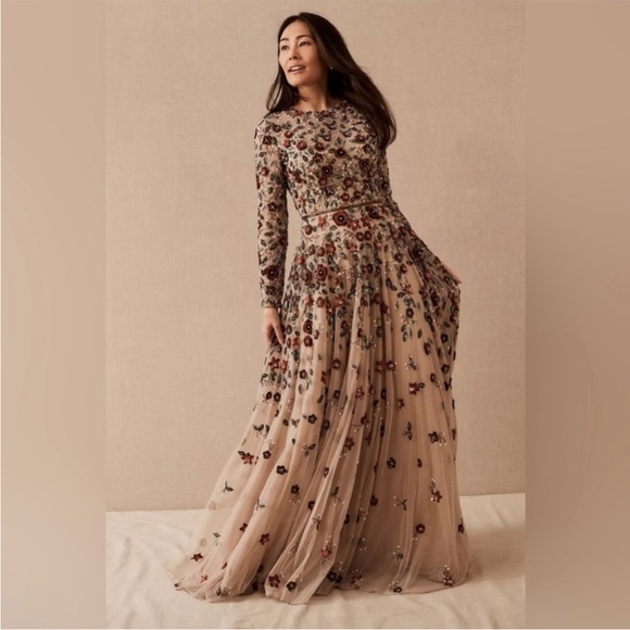 Mac Duggal Floral Appliqué Long Sleeve Illusion Gown - Picture 2 of 11